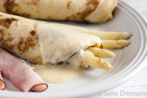 White Asparagus with Pancakes, Black Forest Ham and Sauce Hollandaise