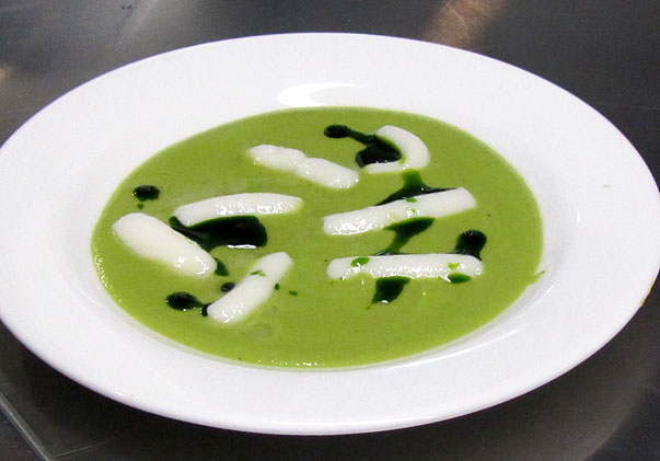 Pea soup with gruyere and kuzu gnocchi and parsley oil