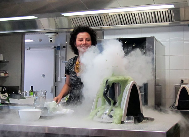 Making cucumber, mint and lime sorbet with dry ice