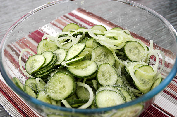 salted cucumber slices for bread and butter pickles