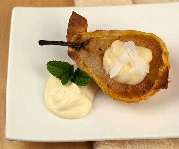 Pears Baked in Puff Pastry and Served with Vanilla Bean Custard