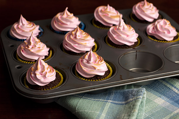 Chocolate Cupcakes with Pink Marshmallow Icing