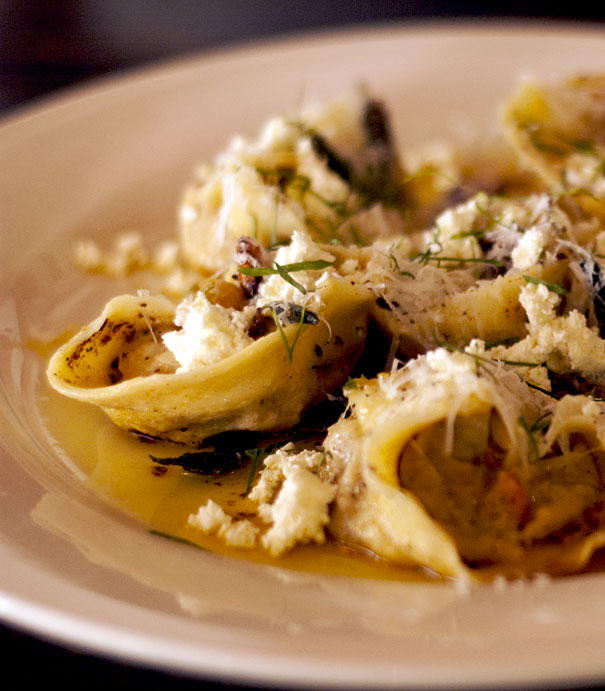 Roasted carrot, ricotta and walnut tortellini with burnt butter, garlic and sage sauce