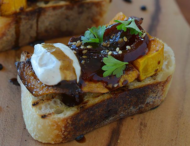 Bruschetta with Roasted Pumpkin, Labneh and Caramelized Onions